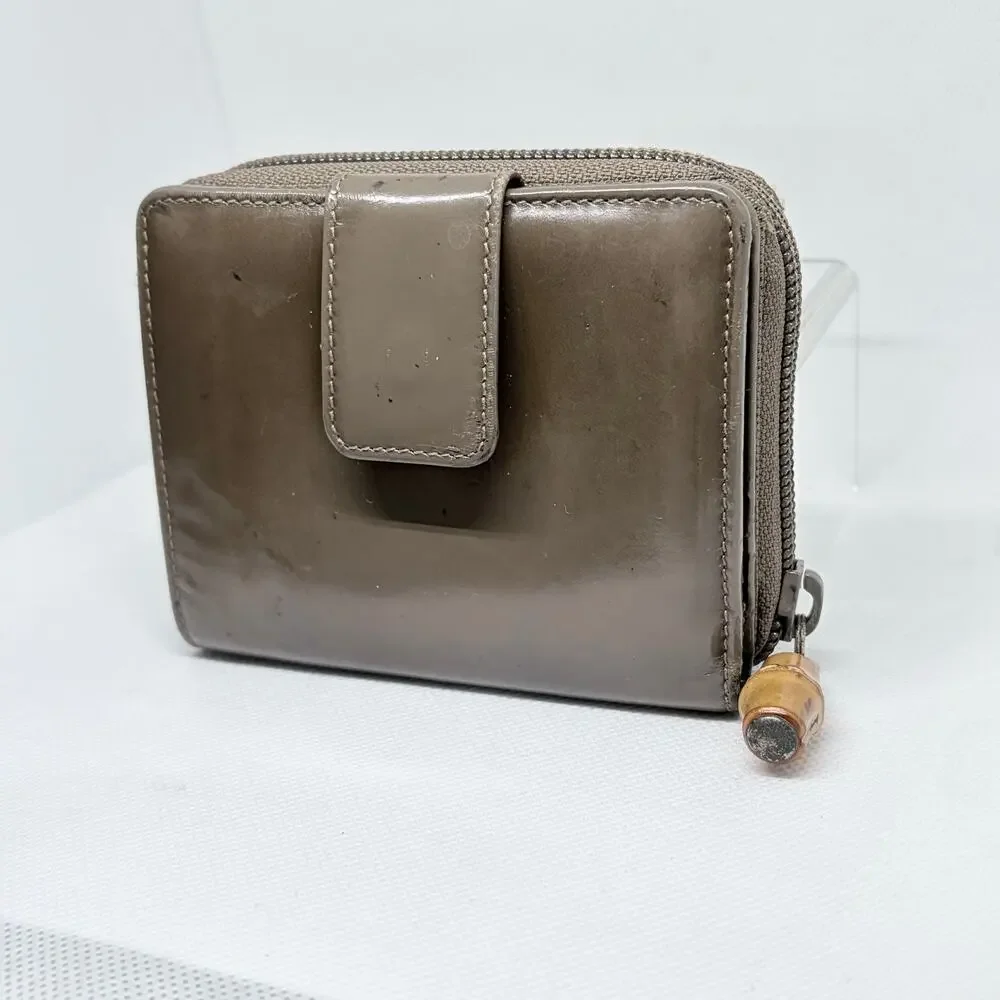 Gucci Bamboo Compact Zip Around Bifold Wallet Taupe Patent Leather